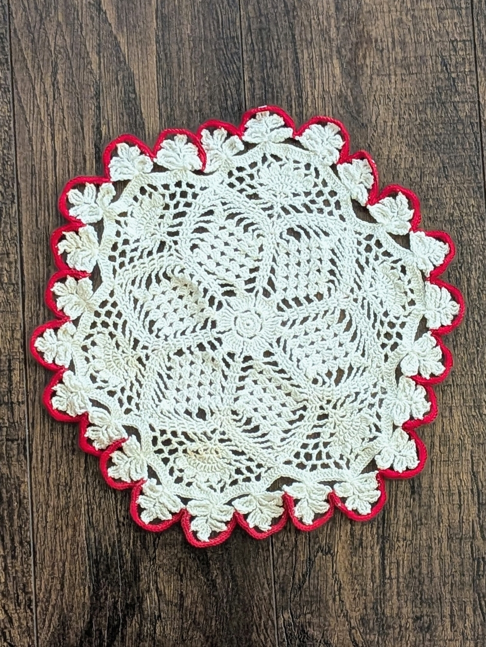 EUC Vintage Handmade White Crocheted Lace Doily with Red Border